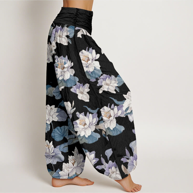 Buddha Stones Casual Elegant Lotus Print Design Women's Elastic Waist Harem Pants - image 8