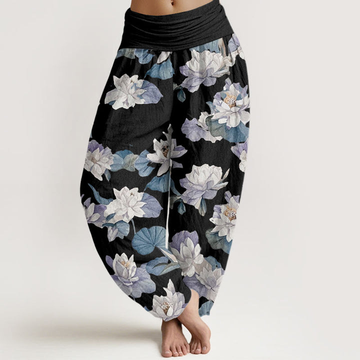 Buddha Stones Casual Elegant Lotus Print Design Women's Elastic Waist Harem Pants - Black - US22,UK/AU26,EU54 (6XL) - image 7