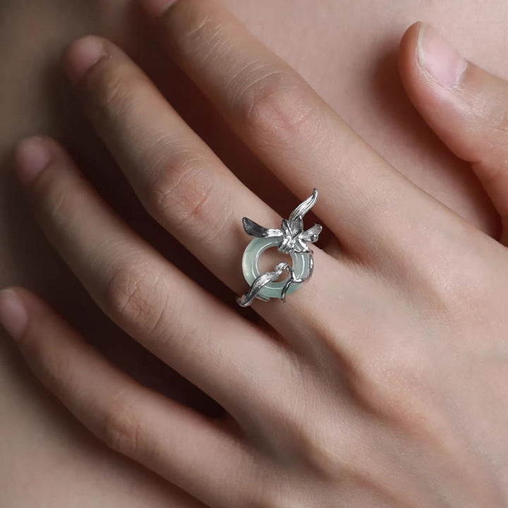 Buddha Stones 925 Sterling Silver Iris Design Peace Buckle Quartzite Jade Balance Ring - image 4