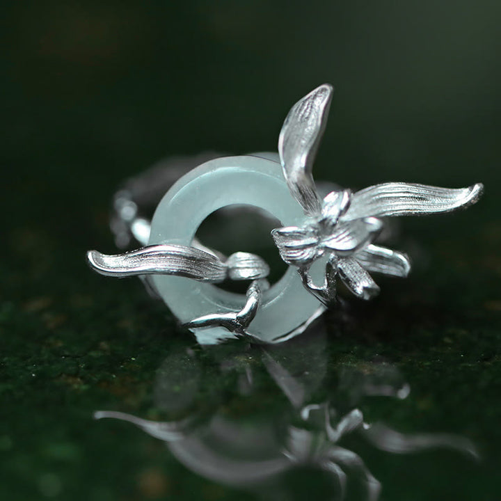 Buddha Stones 925 Sterling Silver Iris Design Peace Buckle Quartzite Jade Balance Ring - Quartzite Jade(Ring Size: 52-58mm) - image 0