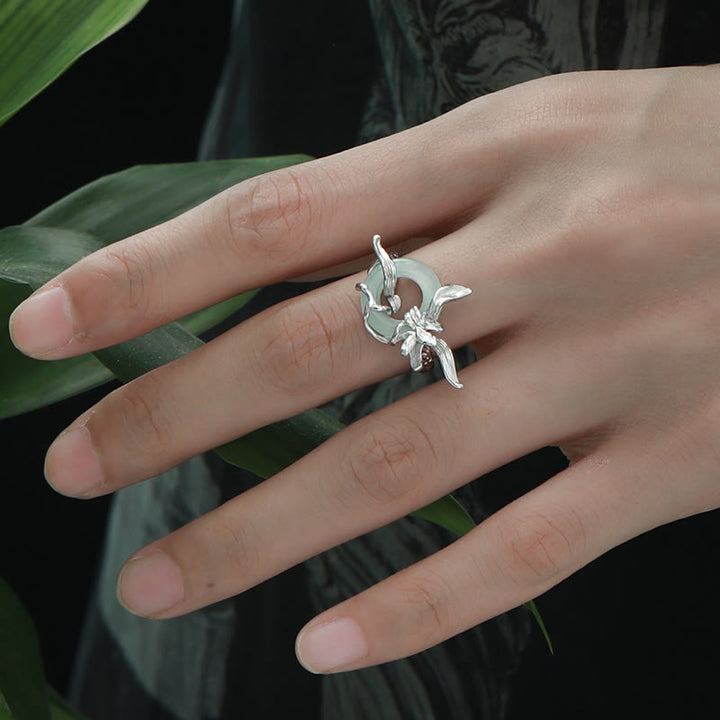 Buddha Stones 925 Sterling Silver Iris Design Peace Buckle Quartzite Jade Balance Ring - image 3