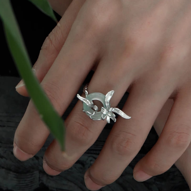 Buddha Stones 925 Sterling Silver Iris Design Peace Buckle Quartzite Jade Balance Ring - image 1