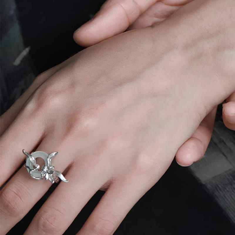 Buddha Stones 925 Sterling Silver Iris Design Peace Buckle Quartzite Jade Balance Ring - image 9