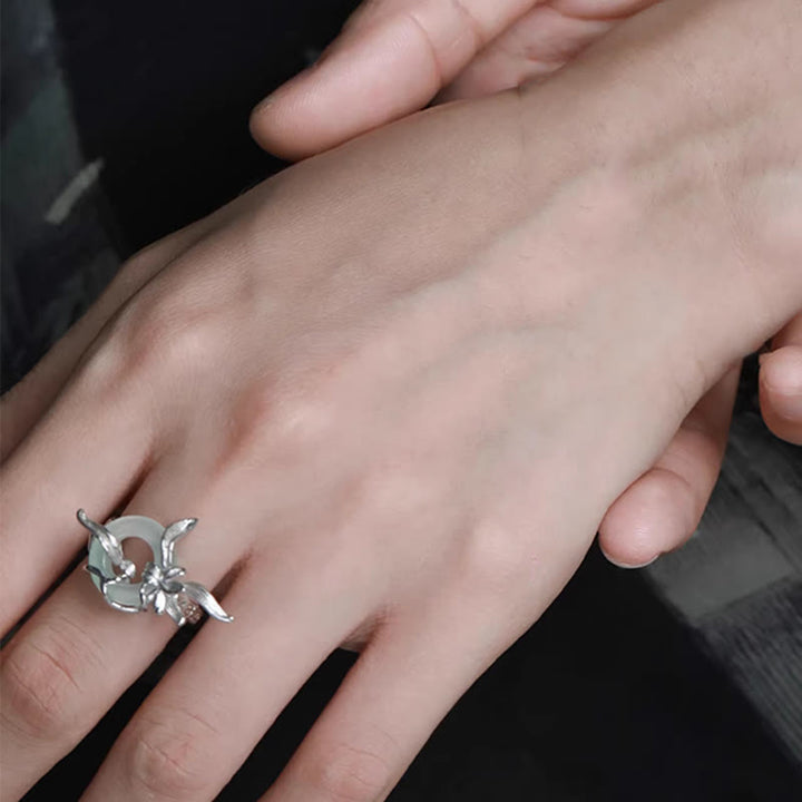 Buddha Stones 925 Sterling Silver Iris Design Peace Buckle Quartzite Jade Balance Ring - image 9