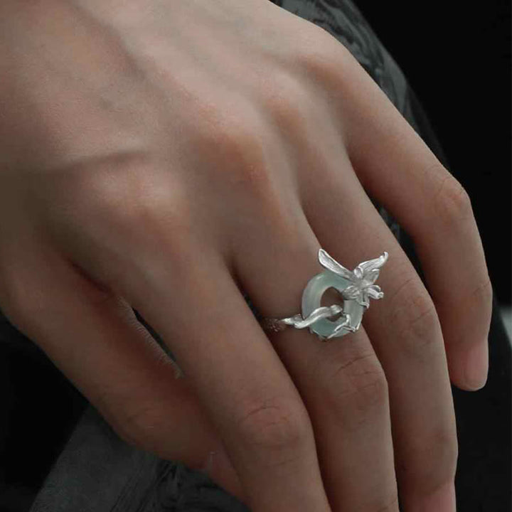 Buddha Stones 925 Sterling Silver Iris Design Peace Buckle Quartzite Jade Balance Ring - image 2