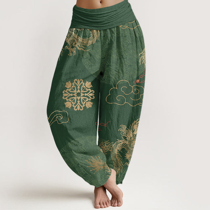 Buddha Stones Casual Golden Dragon And Auspicious Cloud Pattern Women's Elastic Waist Harem Pants - ForestGreen - US22,UK/AU26,EU54 (6XL) - image 0