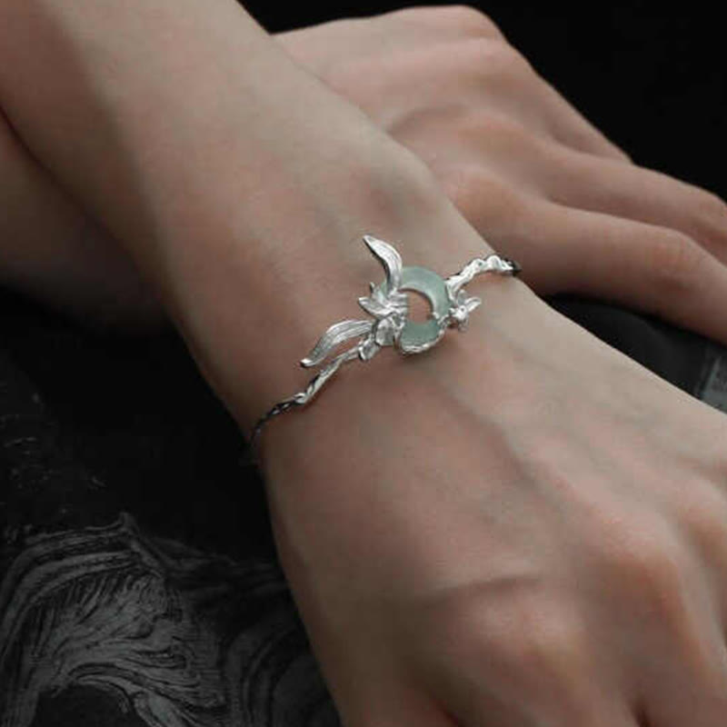 Buddha Stones 925 Sterling Silver Iris Peace Buckle Quartzite Jade Protection Bracelet Bangle - image 5