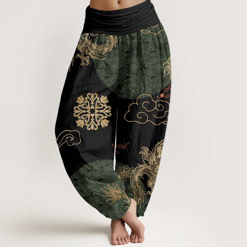 Buddha Stones Casual Golden Dragon And Auspicious Cloud Pattern Women's Elastic Waist Harem Pants - Black - US22,UK/AU26,EU54 (6XL) - image 4