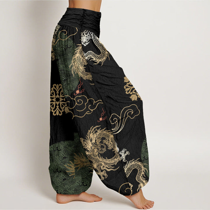 Buddha Stones Casual Golden Dragon And Auspicious Cloud Pattern Women's Elastic Waist Harem Pants - image 5
