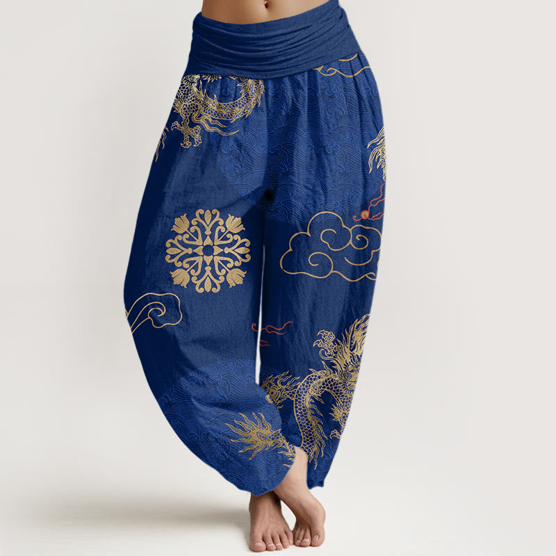 Buddha Stones Casual Golden Dragon And Auspicious Cloud Pattern Women's Elastic Waist Harem Pants - MediumBlue - US22,UK/AU26,EU54 (6XL) - image 7