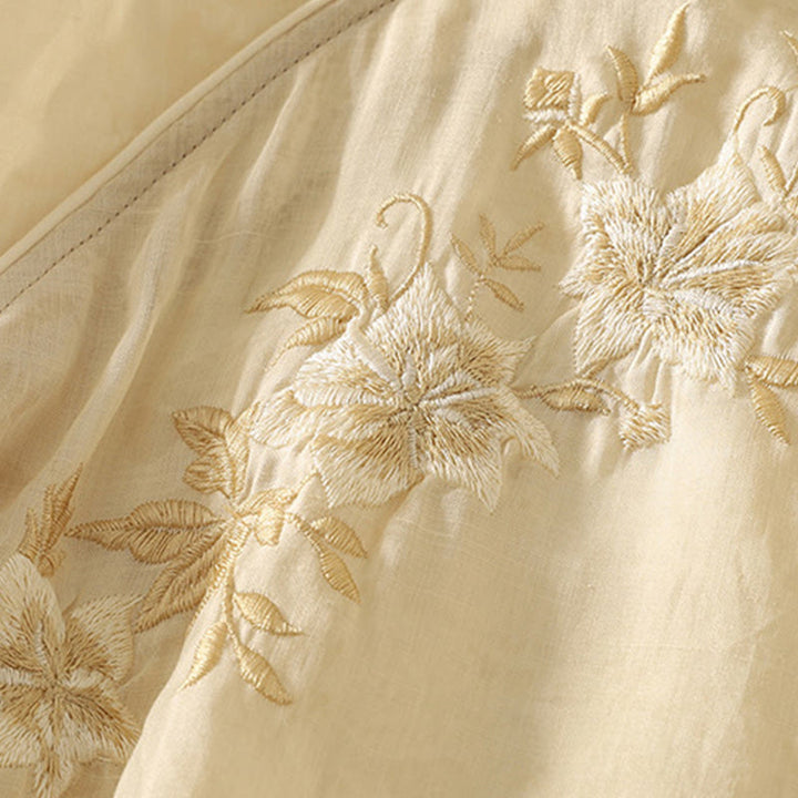 Buddha Stones Embroidery Frog-Button Mandarin Collar Cotton Women's Half Sleeves Shirt - image 5