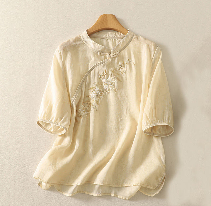 Buddha Stones Embroidery Frog-Button Mandarin Collar Cotton Women's Half Sleeves Shirt - LemonChiffon - US14,UK/AU18,EU46 (2XL) - image 0