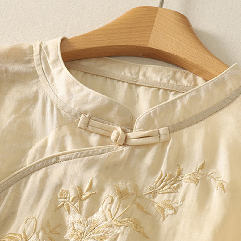 Buddha Stones Embroidery Frog-Button Mandarin Collar Cotton Women's Half Sleeves Shirt - image 2