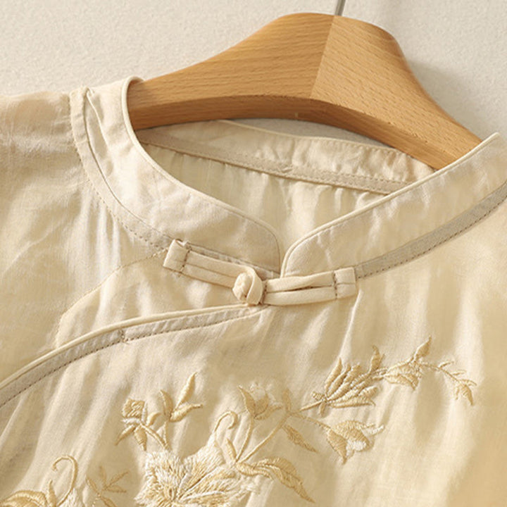 Buddha Stones Embroidery Frog-Button Mandarin Collar Cotton Women's Half Sleeves Shirt - image 2