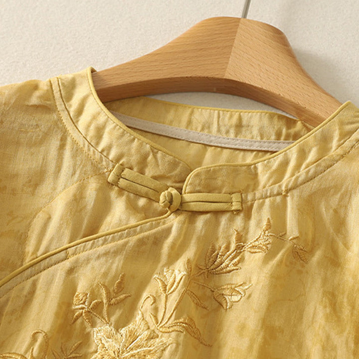 Buddha Stones Embroidery Frog-Button Mandarin Collar Cotton Women's Half Sleeves Shirt - image 8