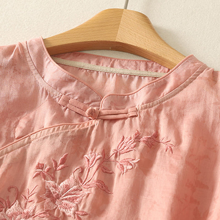 Buddha Stones Embroidery Frog-Button Mandarin Collar Cotton Women's Half Sleeves Shirt - image 22