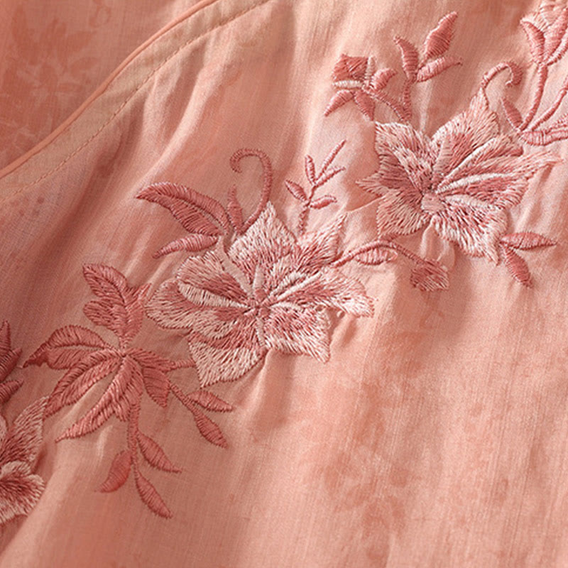 Buddha Stones Embroidery Frog-Button Mandarin Collar Cotton Women's Half Sleeves Shirt - image 17