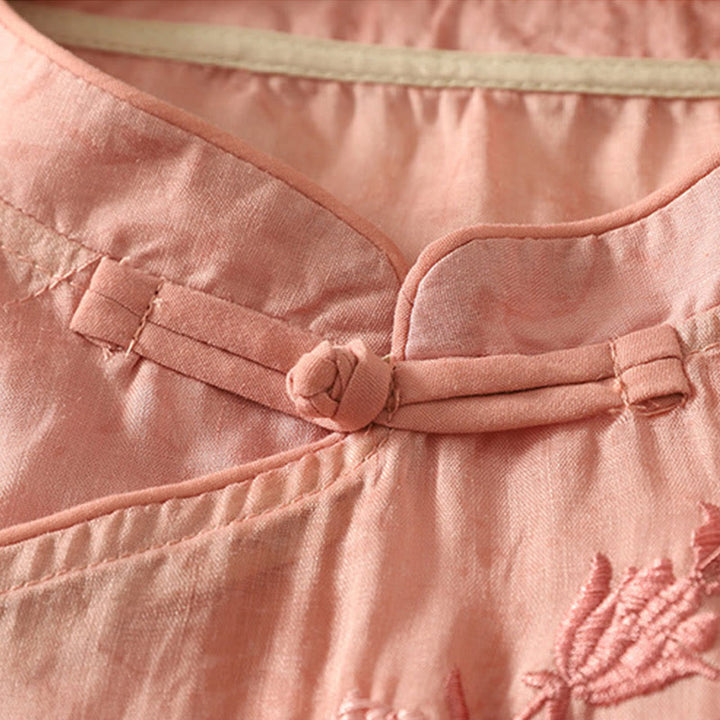 Buddha Stones Embroidery Frog-Button Mandarin Collar Cotton Women's Half Sleeves Shirt - image 21