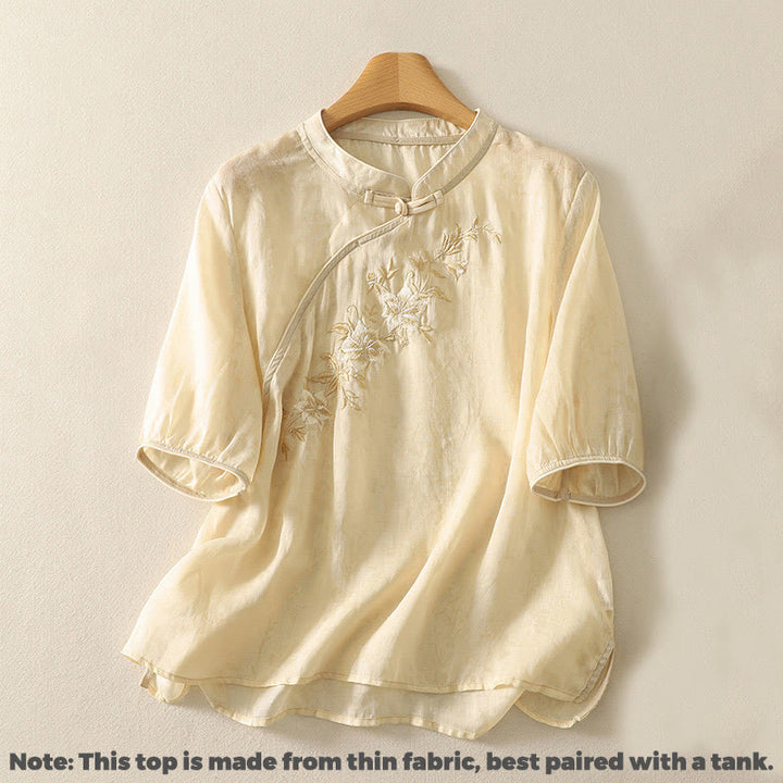 Buddha Stones Embroidery Frog-Button Mandarin Collar Cotton Women's Half Sleeves Shirt - image 1