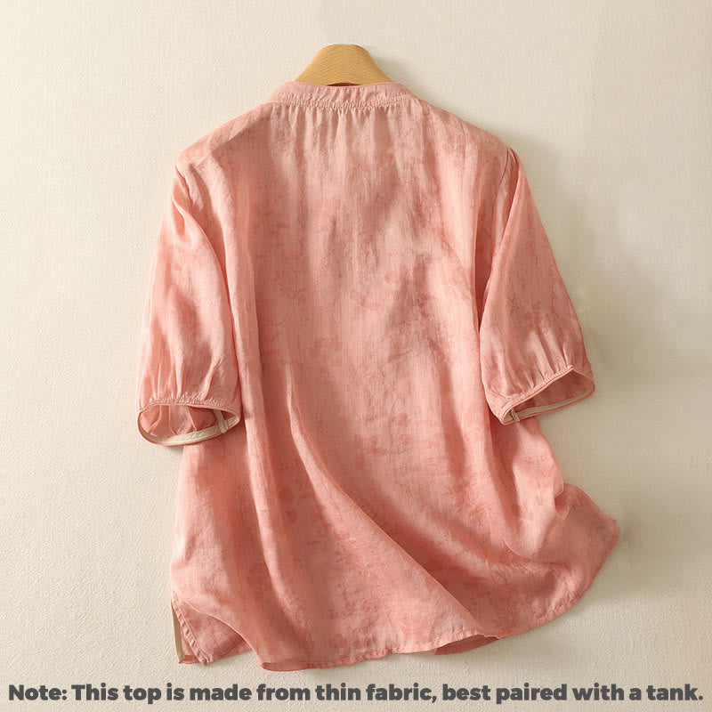 Buddha Stones Embroidery Frog-Button Mandarin Collar Cotton Women's Half Sleeves Shirt - image 14