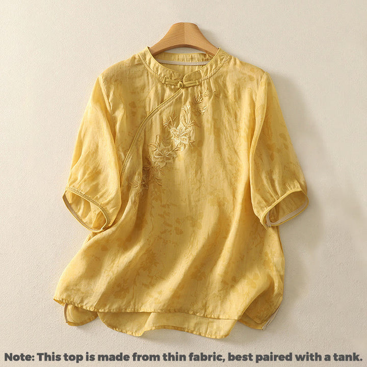 Buddha Stones Embroidery Frog-Button Mandarin Collar Cotton Women's Half Sleeves Shirt - image 7