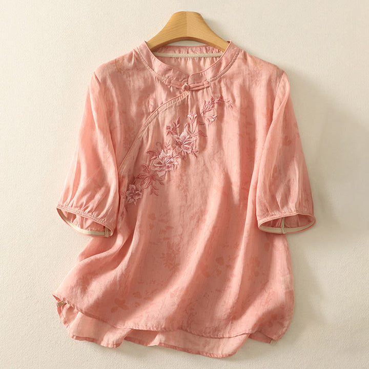 Buddha Stones Embroidery Frog-Button Mandarin Collar Cotton Women's Half Sleeves Shirt - image 13