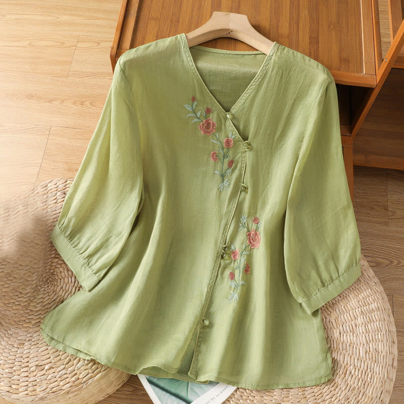 Buddha Stones Embroidered Flowers Cotton Women's V-neck Shirt - YellowGreen - US12,UK/AU16,EU44 (2XL) - image 7