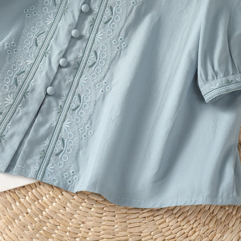 Buddha Stones Symmetrical Embroidery Cotton Women's V-neck Shirt - image 12