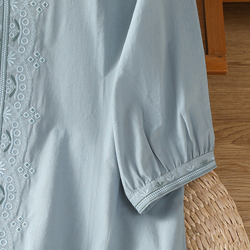 Buddha Stones Symmetrical Embroidery Cotton Women's V-neck Shirt - image 10