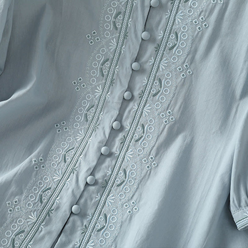 Buddha Stones Symmetrical Embroidery Cotton Women's V-neck Shirt - image 11