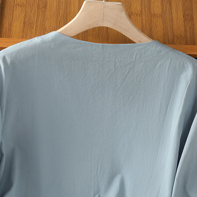 Buddha Stones Symmetrical Embroidery Cotton Women's V-neck Shirt - image 7