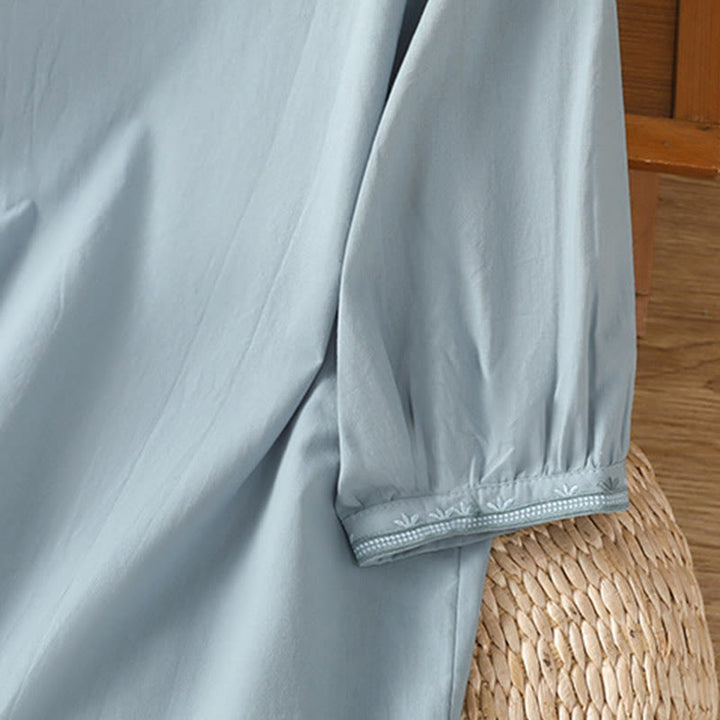 Buddha Stones Symmetrical Embroidery Cotton Women's V-neck Shirt - image 8