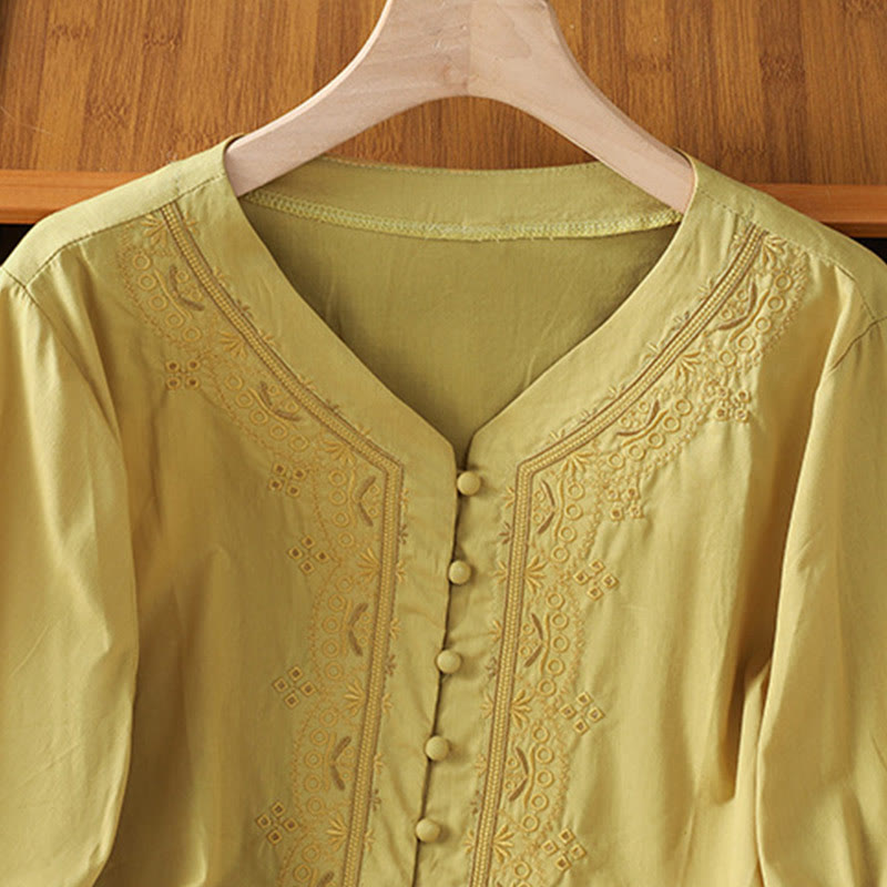 Buddha Stones Symmetrical Embroidery Cotton Women's V-neck Shirt - image 16