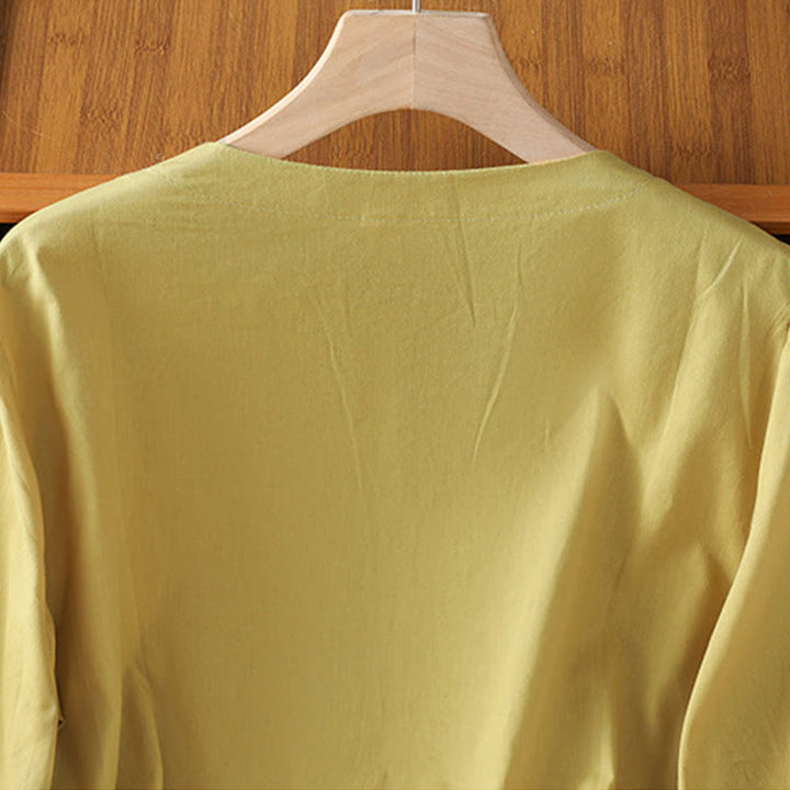 Buddha Stones Symmetrical Embroidery Cotton Women's V-neck Shirt - image 15