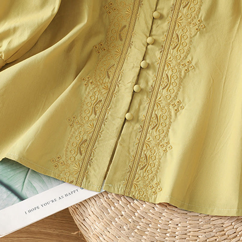 Buddha Stones Symmetrical Embroidery Cotton Women's V-neck Shirt - image 17