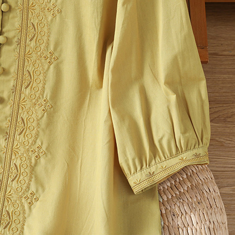 Buddha Stones Symmetrical Embroidery Cotton Women's V-neck Shirt - image 18