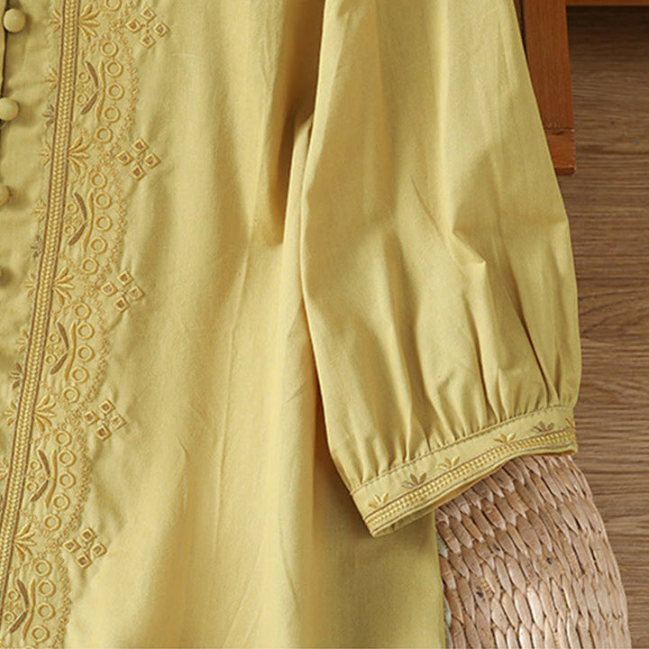 Buddha Stones Symmetrical Embroidery Cotton Women's V-neck Shirt - image 18