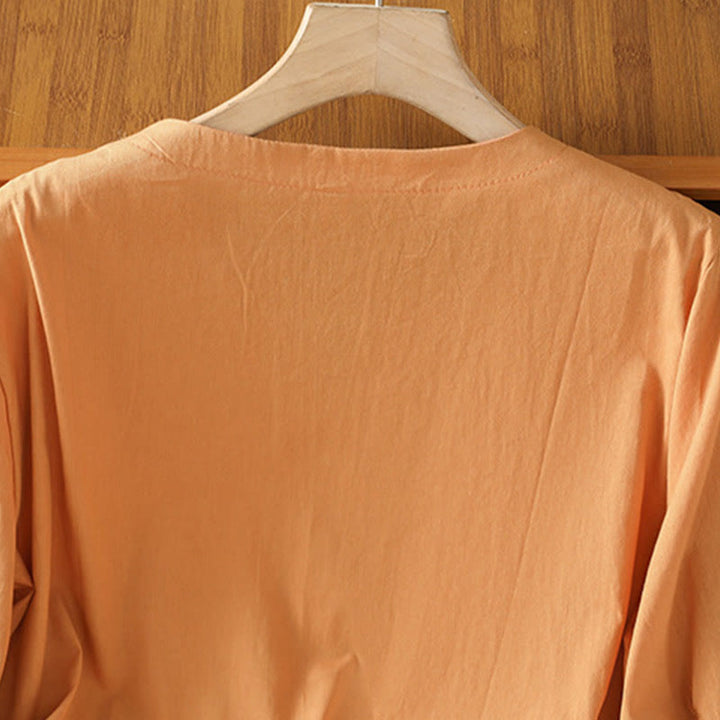 Buddha Stones Symmetrical Embroidery Cotton Women's V-neck Shirt - image 21