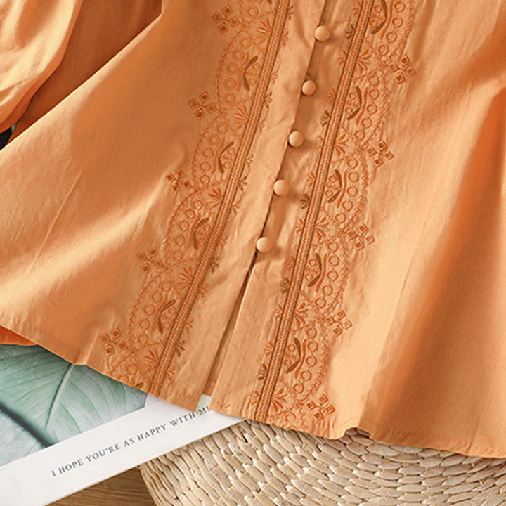 Buddha Stones Symmetrical Embroidery Cotton Women's V-neck Shirt - image 25