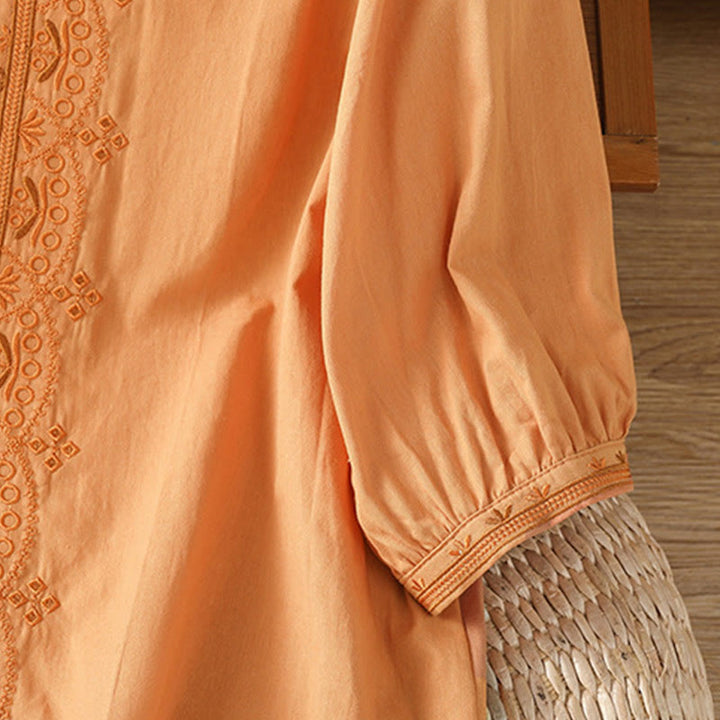 Buddha Stones Symmetrical Embroidery Cotton Women's V-neck Shirt - image 24