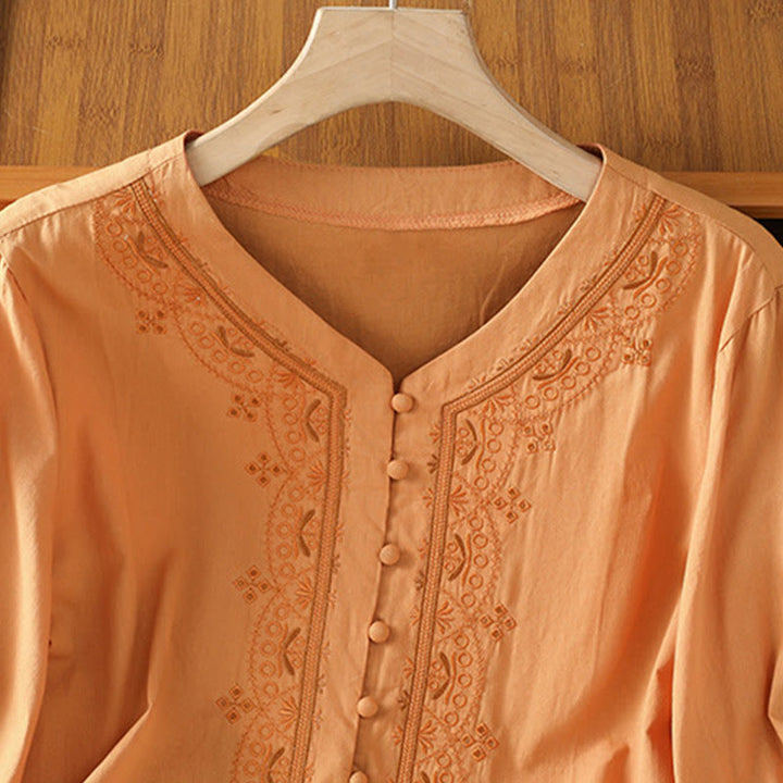 Buddha Stones Symmetrical Embroidery Cotton Women's V-neck Shirt - image 23