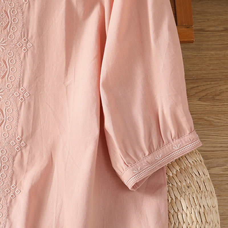 Buddha Stones Symmetrical Embroidery Cotton Women's V-neck Shirt - image 28