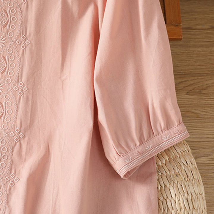 Buddha Stones Symmetrical Embroidery Cotton Women's V-neck Shirt - image 28