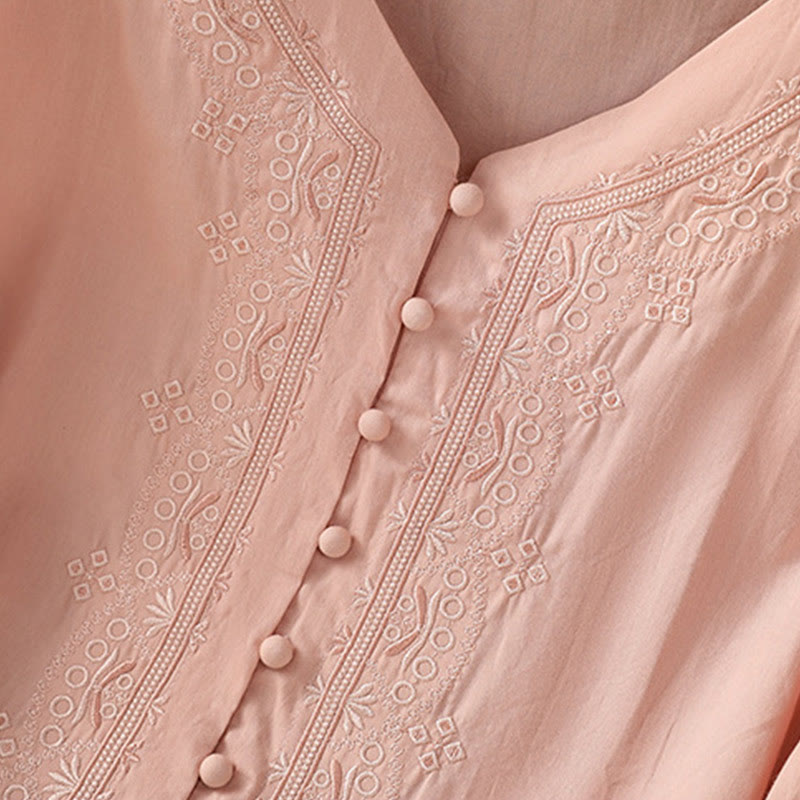 Buddha Stones Symmetrical Embroidery Cotton Women's V-neck Shirt - image 29