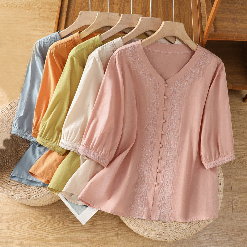 Buddha Stones Symmetrical Embroidery Cotton Women's V-neck Shirt - image 32