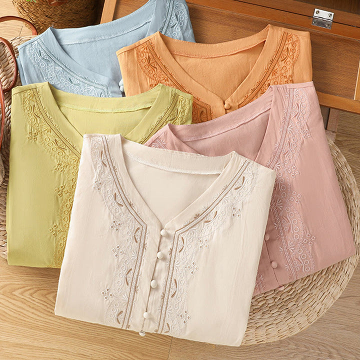 Buddha Stones Symmetrical Embroidery Cotton Women's V-neck Shirt - image 33