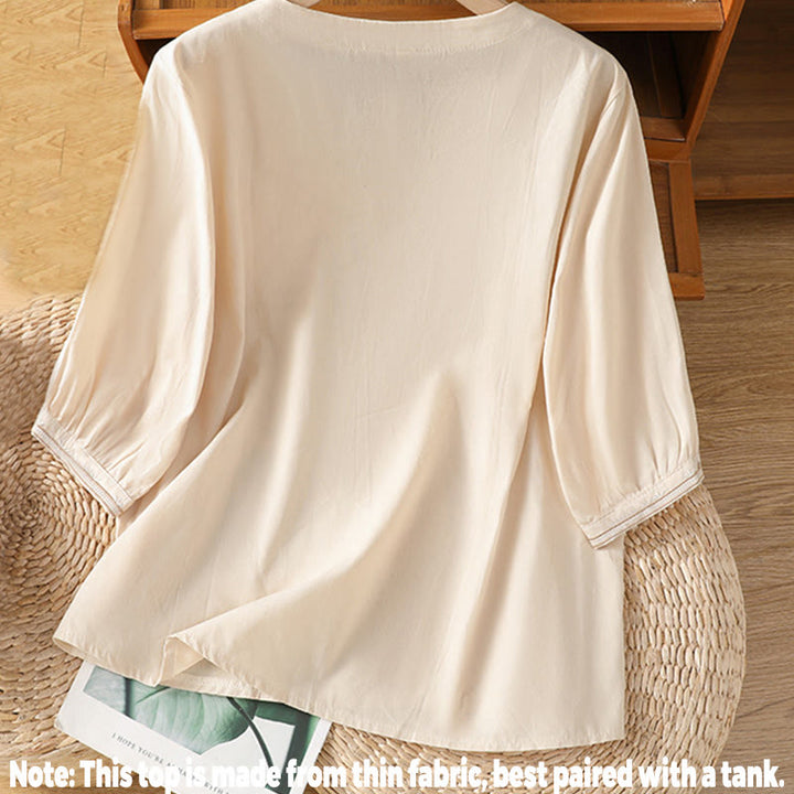 Buddha Stones Symmetrical Embroidery Cotton Women's V-neck Shirt - image 1