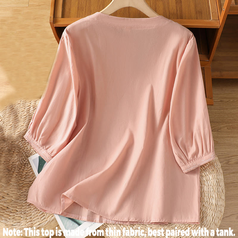 Buddha Stones Symmetrical Embroidery Cotton Women's V-neck Shirt - image 27