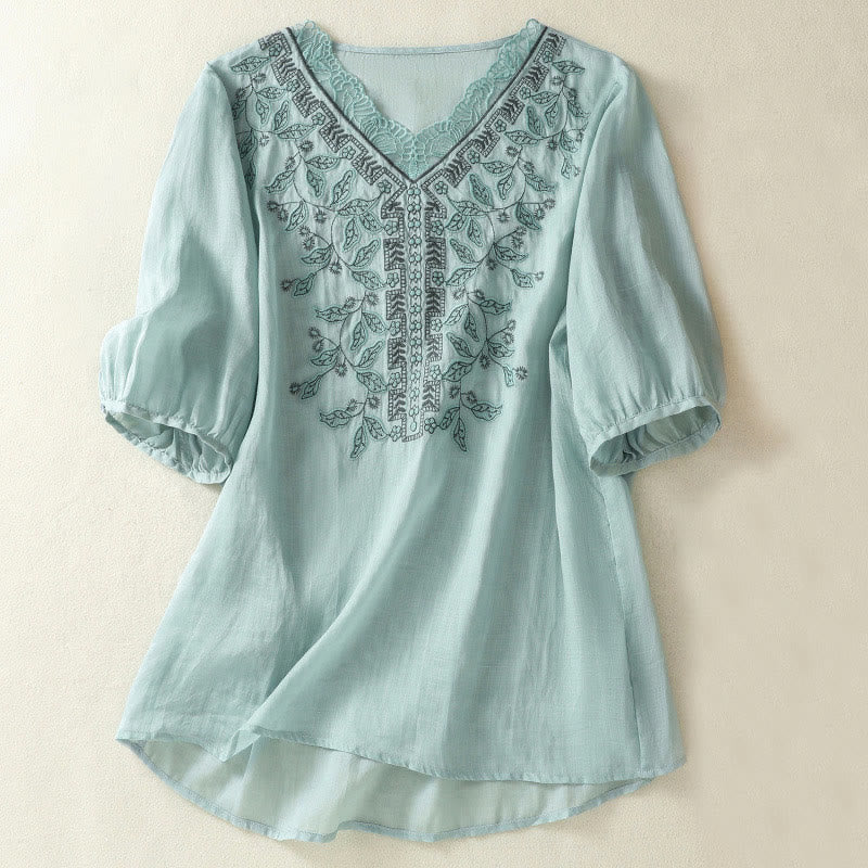 Buddha Stones Embroidered Lace Casual Women's Cotton Linen Half Sleeve T-shirt - LightSkyBlue - US8-10,UK/AU12-14,EU40-42 (2XL) - image 8