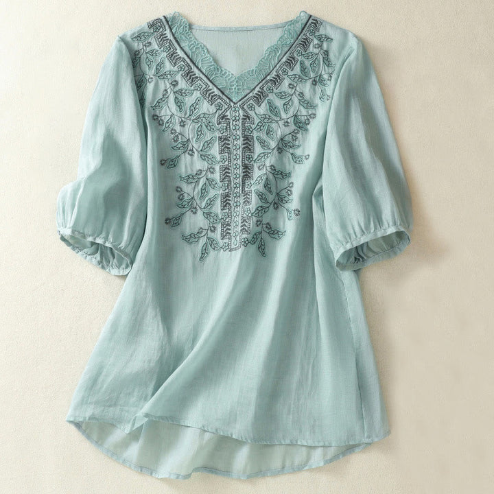 Buddha Stones Embroidered Lace Casual Women's Cotton Linen Half Sleeve T-shirt - LightSkyBlue - US8-10,UK/AU12-14,EU40-42 (2XL) - image 8